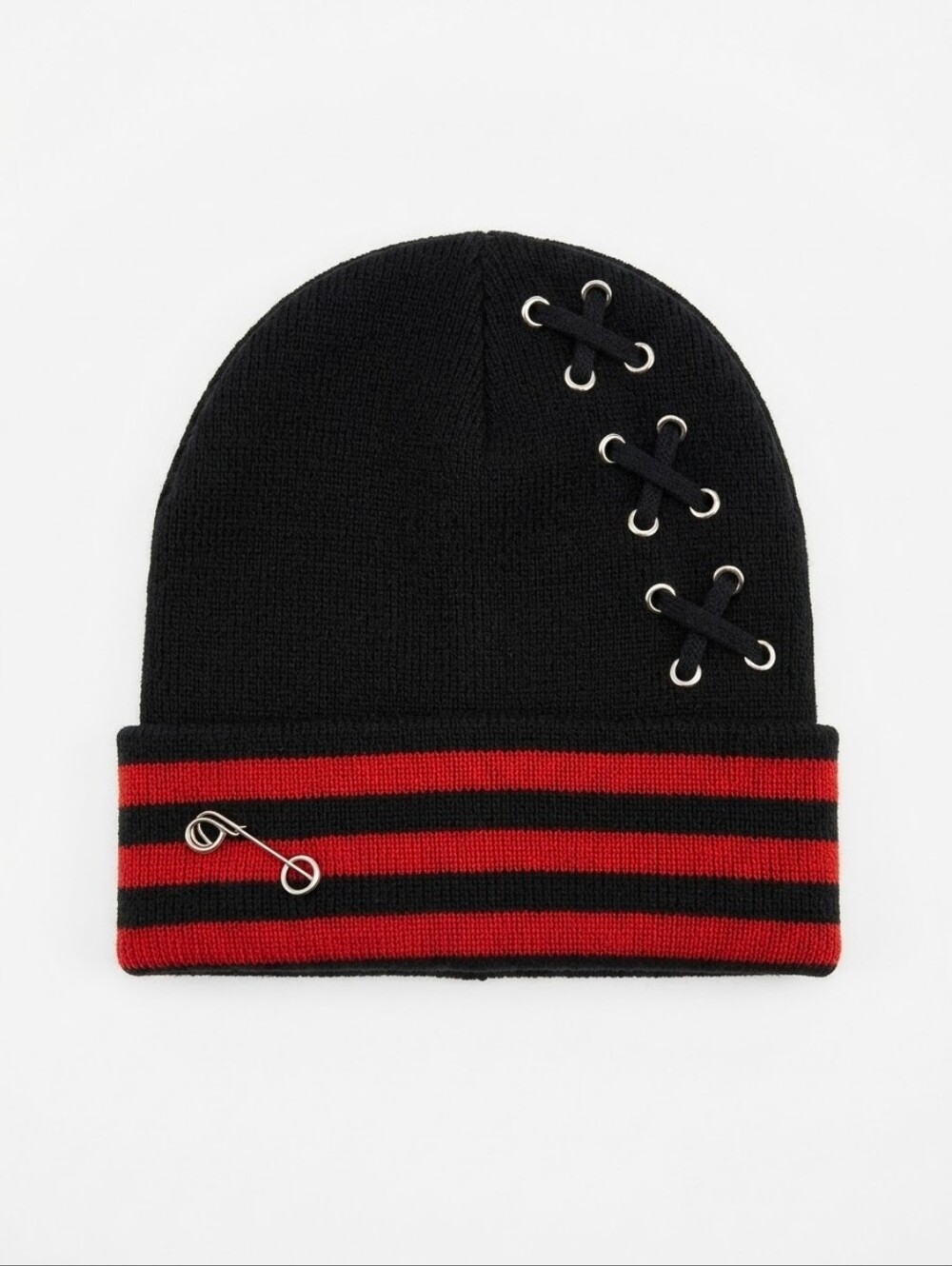 Black and Red Striped Beanie with Grommet And Corset Detail NWOT